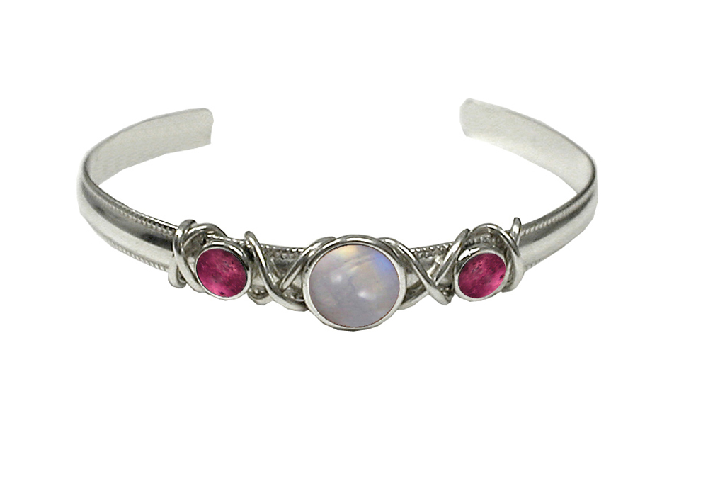 Sterling Silver Hand Made Cuff Bracelet With Rainbow Moonstone And Pink Tourmaline